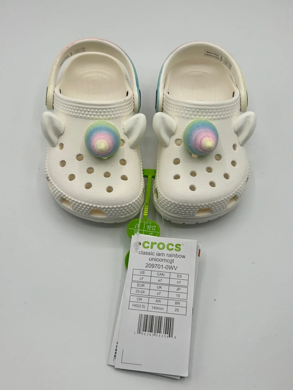 Crocs Kids White Unicorn Clog Sandals with Pastel Rainbow Horns